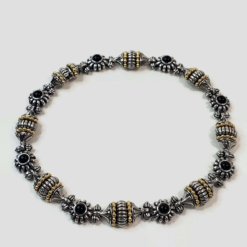 Silver & Gold Tone Black Glass Cabochon Heavy Necklace 17"